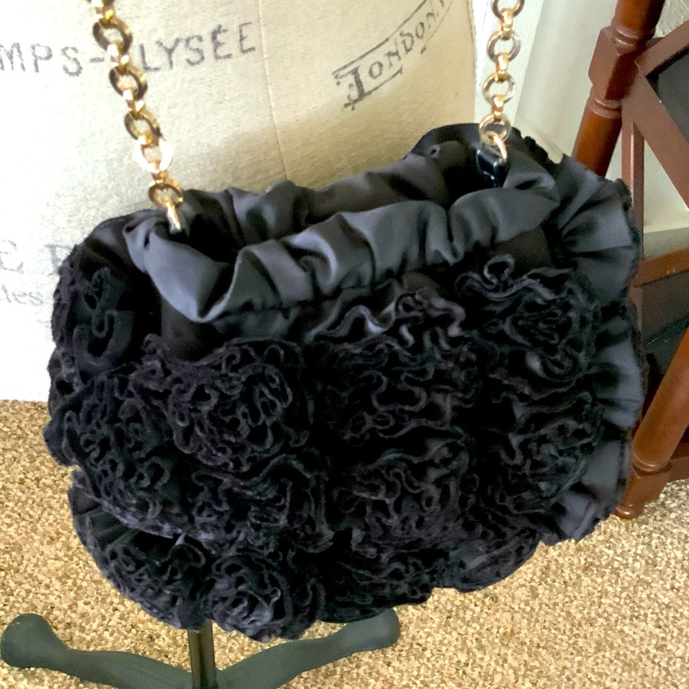 Talbots Black Satin Roses Evening Bag